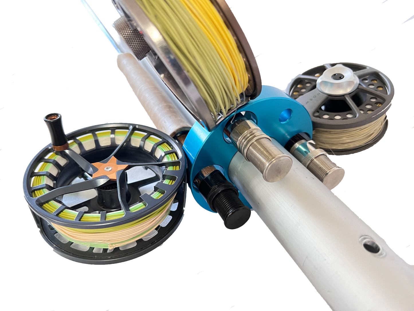 The bottom of our mounts accommodate most single hand rods. Slide the butt end of the rod through the hole and it is securely cradled in the mount. The engineered geometry of the holes prevent the rods from rotating and protect your reels from scratches. Have a fighting butt on that rod, no problem the top of the holes are designed to accept modern fighting butts with a larger opening (see other photos).