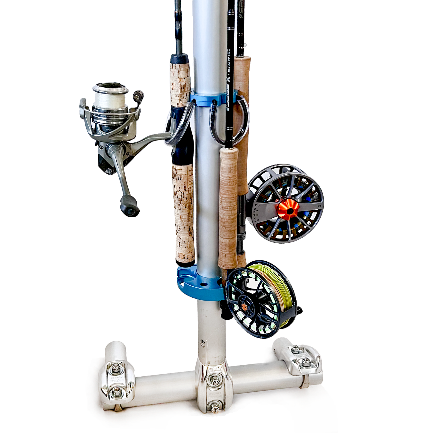 The DDS-1 attaches to any NRS frame system through the use of the standard NRS LoPro mounts. From this attachment the rack can be rotated to the desired rod, or tilted back or forward to accommodate your packing. Is there a low hanging tree branch ahead, grab the whole rack and slide it off the frame mount until danger has passed. Note: This configuration shows the spey sling, and is not included in the standard DDS-1 order.